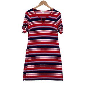 Westport T Shirt Dress Women Medium Red Striped Rayon Short Slit Sleeve Pullover